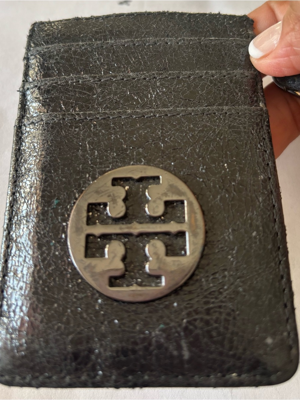 Tory Burch Black Leather Card Sleeve with Silver Logo Emblem
